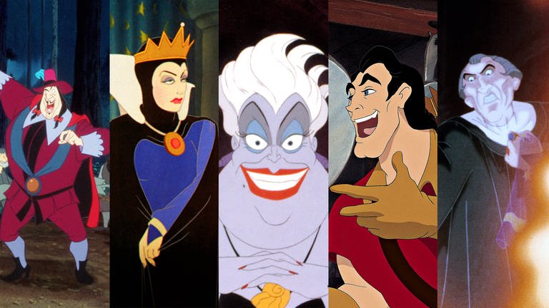 Filmstills v.l.n.r.: Gouverneur Ratcliffe in "Pocahontas" (1995), Die Königin in "Schneewittchen und die 7 Zwerge" (1937), Ursula "Arielle, die Meerjungfrau" (1989), Gaston in "Die Schöne und das Biest" (1991), Frollo in "Der Glöckner von Notre Dame" (1996)