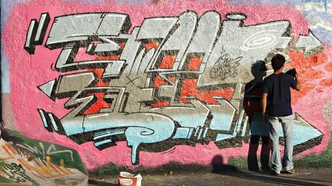 Graffiti-Künstler bei der Arbeit an einer Betonwand unter der Ernst-Walz-Brücke, Heidelberg (Foto: IMAGO, IMAGO / imagebroker)
