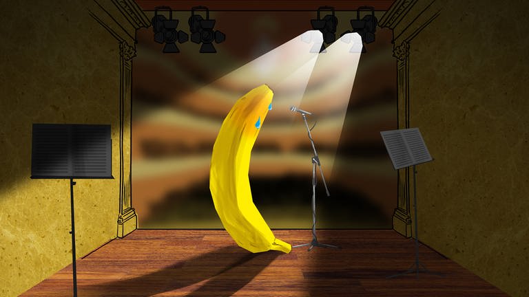 Zeichnung: Eine menschengroße Banane im Scheinwerferlicht auf einer Bühne