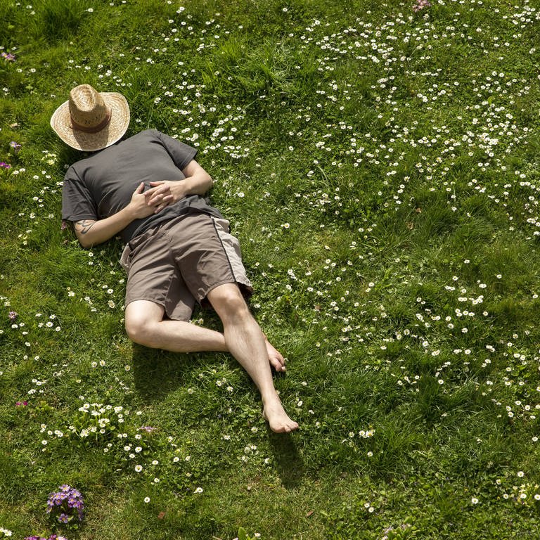 Ein Mann liegt im Frühling auf einer grünen Wiese (Foto: IMAGO, Westend61)