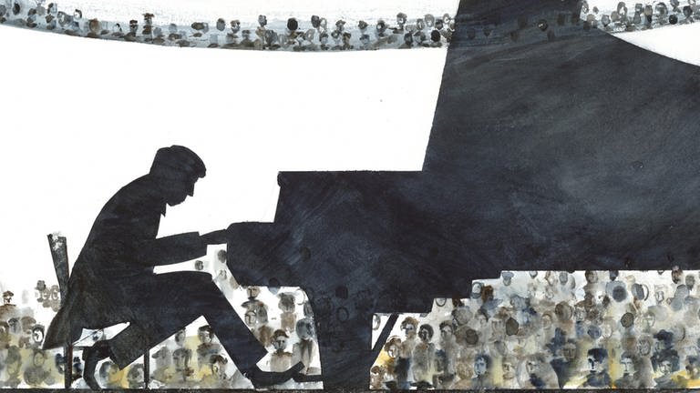 Illustration, Glenn Gould am Konzertflügel (Foto: Pressestelle, © Nancy Vo | Verlag Freies Geistesleben)