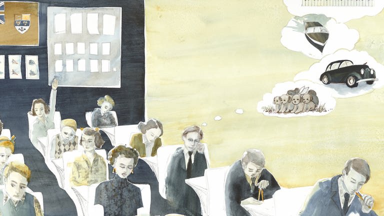 Illustration, Glenn Gould im Unterricht mit weiteren Schülerinnen und Schülern (Foto: Pressestelle, © Nancy Vo | Verlag Freies Geistesleben)