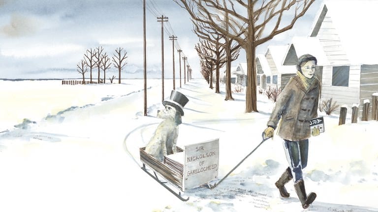 Illustration, Glenn Gould zieht einen Schlitten mit Hund darauf