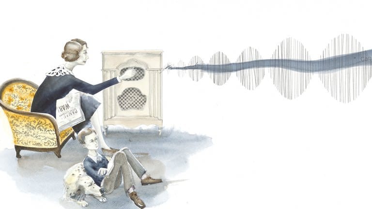 Illustration, Glenn Gould mit seiner Mutter vor dem Radio