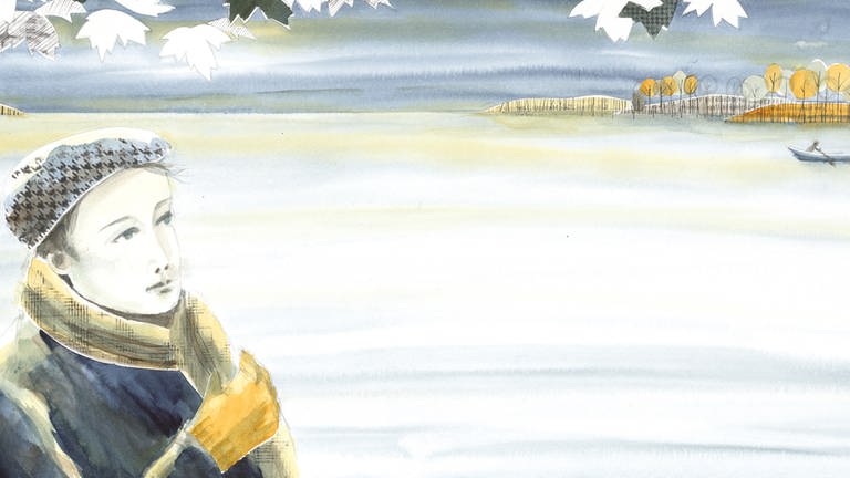 Illustration, jugendlicher Glenn Gould am Fluss im Winter