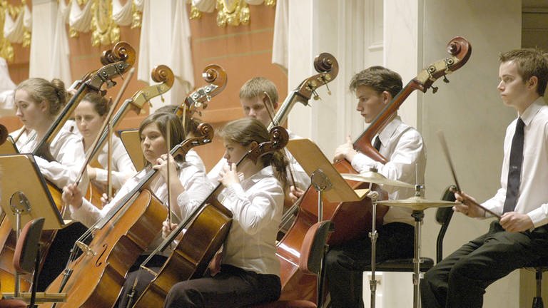 Kontrabassisten des Nationalen Jugendorchesters Schottland während eines Konzerts anlässlich der Young Euro Classic in Berlin (Foto: IMAGO, IMAGO / Kai Bienert)