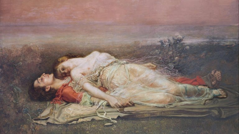 Tristan und Isolde liegen mit geschlossenen Augen aufeinander in einer impressionistisch gemalten Landschaft