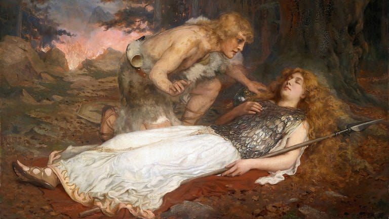 Gemälde von Butler Charles Ernest. Siegfried beugt sich über die schlafende Brünnhilde.
