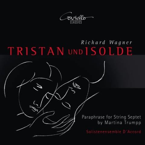 CD Cover: Schwarzer Hintergrund, weiße abstrakte Zeichnung von Tristan und Isolde (Foto: Coviello Classics)