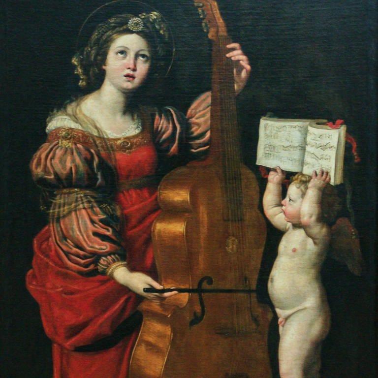 Symbolbild für Barocke Komponistinnen: Die heilige Cecilia mit einem Engel, der ein Buch mit Noten in die Höhe hält