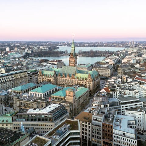 Luftaufnahme Rathaus Hamburg mit Binnenalster und Außenalster