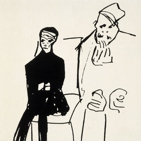 Zeichnung von Franz Kafka zeigt zwei sitzende Männer mit ernstem Gesichtsausdruck