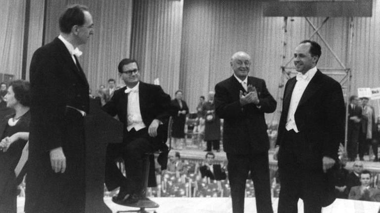 Donaueschinger Musiktage 1958: (v.li.) Hans Rosbaud, Heinrich Strobel, Pierre Boulez (Foto: SWR, SWR - Dr. Karl Widmaier)