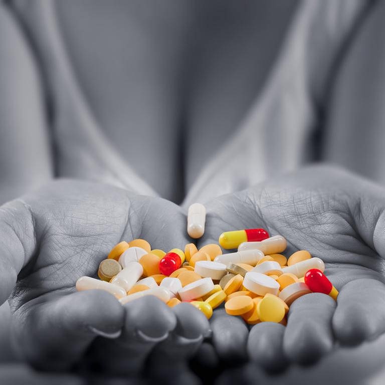 Eine Frau hält verschiedene Tabletten in ihren Händen. (Foto: Colourbox, Foto: Colourbox.de -)