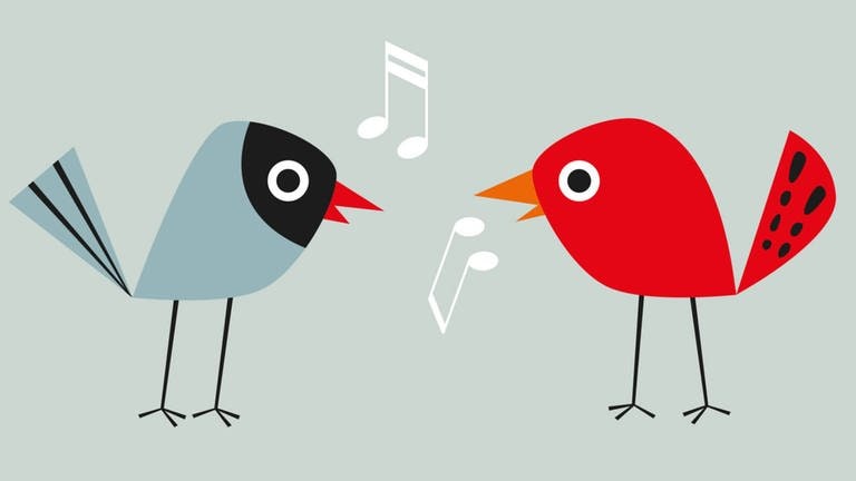 Zeichnung von zwei singenden Vögeln  - Sendungsbild "Hörbar"