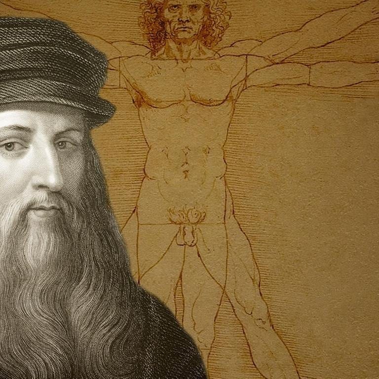 Zeichnung Vitruvianischer Mann, davor Leonardo da Vinci (Archivfoto)