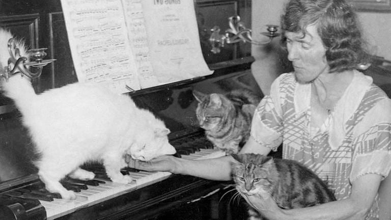 Die britische Gold-Medal-Pianistin Rachael Loveday mit ihren Katzen, 1934 (Foto: IMAGO, Imago -)