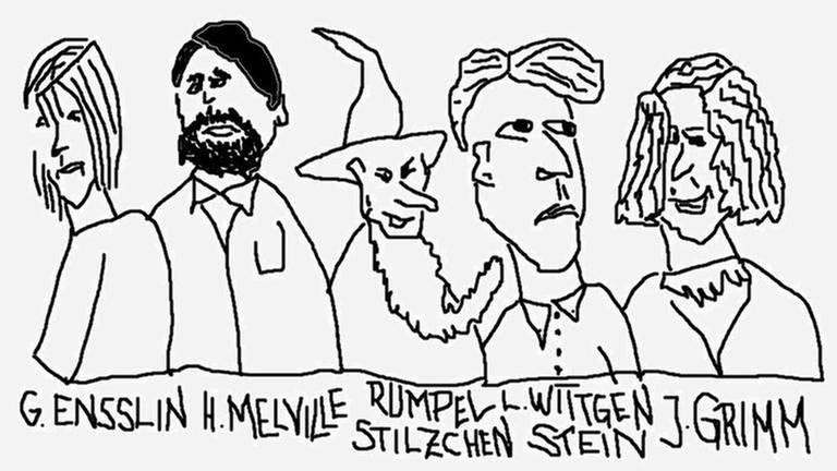 Zeichnung mit den Karikaturen von Gudrun Ensslin, Herman Melville, Rumpelstilzchen, Ludwig Wittgenstein und Jacob Grimm