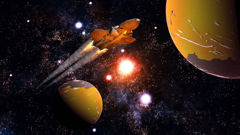 Raumschiff fliegt zwischen Exoplaneten
