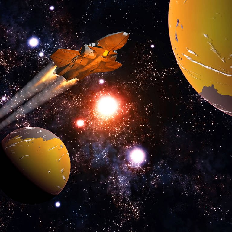 Raumschiff fliegt zwischen Exoplaneten (Foto: IMAGO, imago images / StockTrek Images)