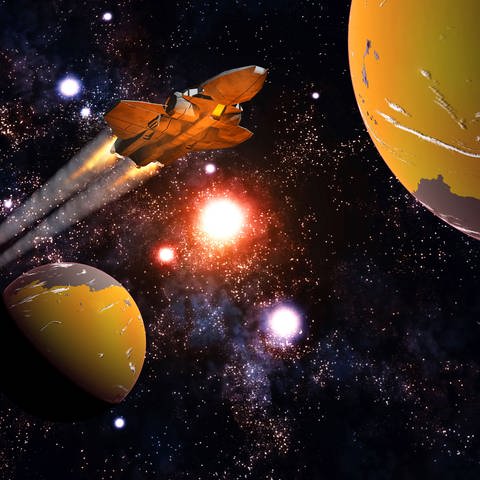Raumschiff fliegt zwischen Exoplaneten (Foto: IMAGO, imago images / StockTrek Images)