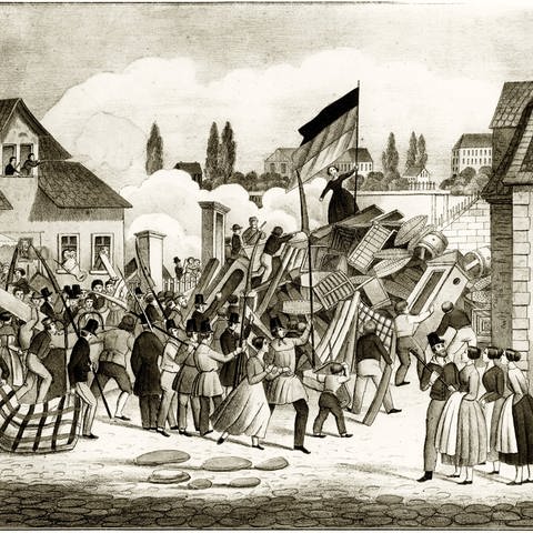 Revolution 184849 in Baden: Errichtung und Vertheidigung einer Barrikade an der Rheinbrücke zu Mannheim am 26. April 1848. Kreidelithographie  Neuruppiner Bilderbogen