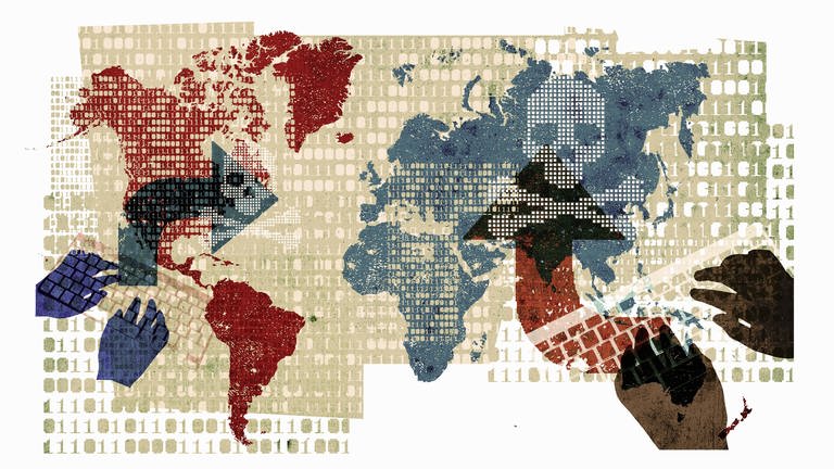 Cyberwar: grafische Darstellung einer Weltkarte und von Computertastaturen, von denen Angriffe ausgehen (Foto: IMAGO, imago images / Ikon Images)
