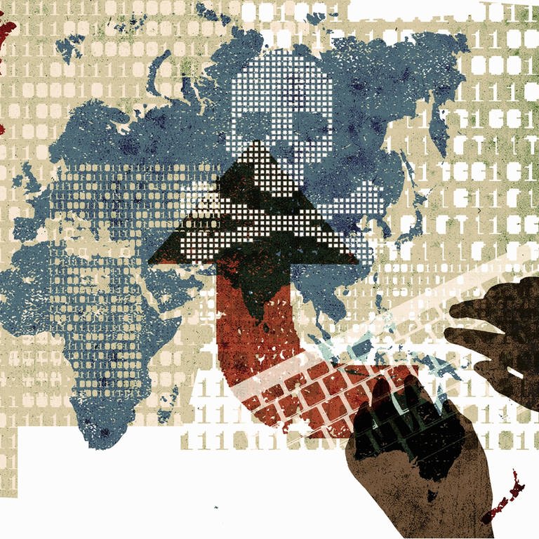 Cyberwar: grafische Darstellung einer Weltkarte und von Computertastaturen, von denen Angriffe ausgehen