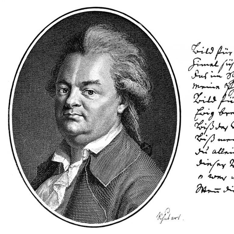 Historischer Druck, Kupferstich, 1774, Portrait und Handschrift von Christian Friedrich Daniel Schubart