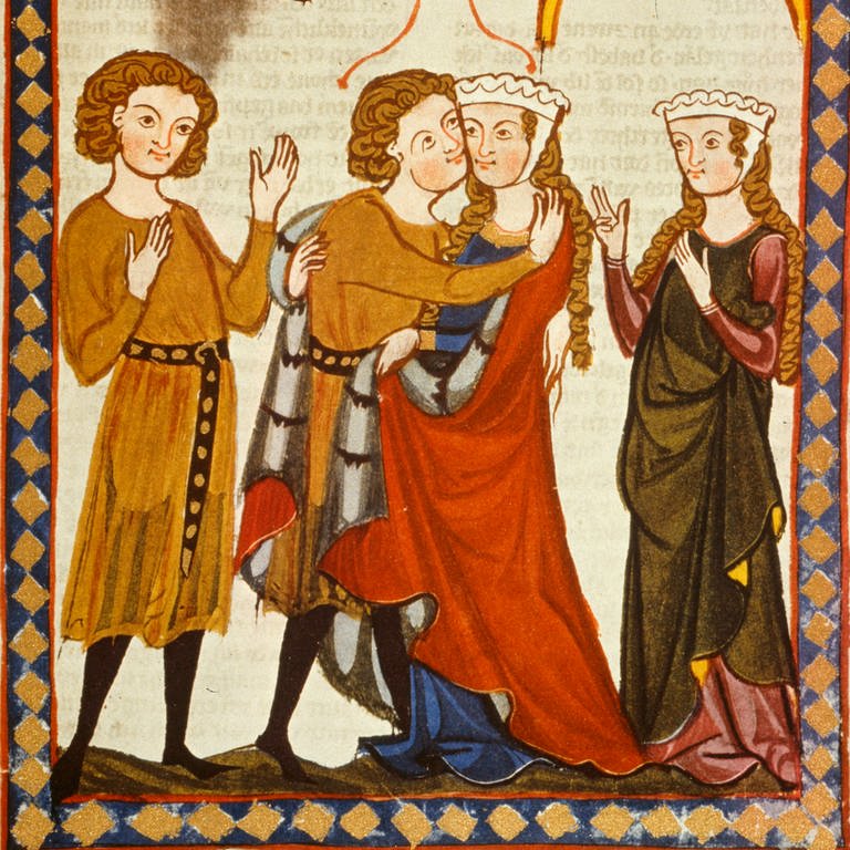 Der von Wengen, seine Dame zur Begrüßung umarmend. Buchmalerei aus dem Codex Manesse (Große Heidelberger LIederhandschrift), Zürich um 1310-1340