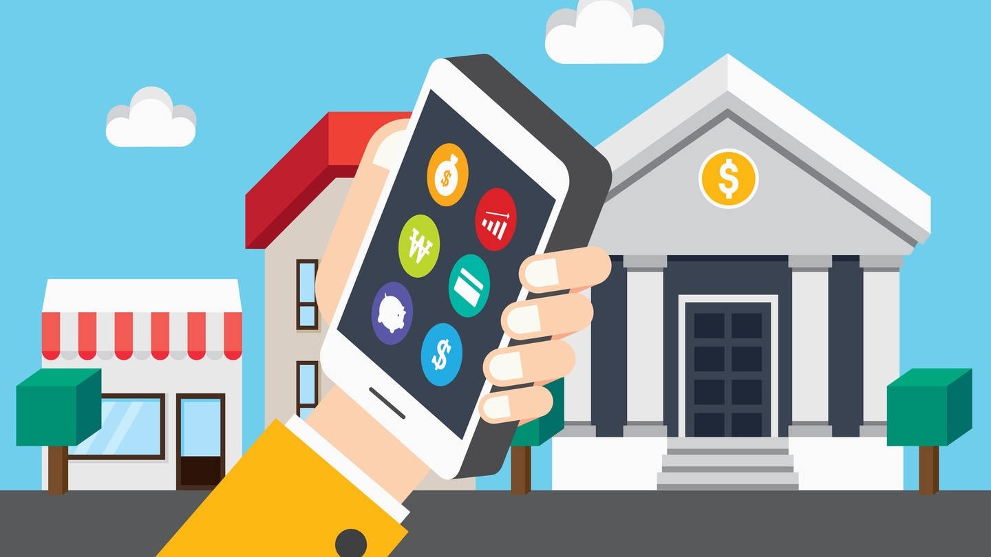 Smartphone mit verschiedenen Banking-Apps, im Hintergrund eine Bank (Grafik): Fintech im Bezug auf Mobile Banking (Foto: IMAGO, IMAGO / agefotostock)
