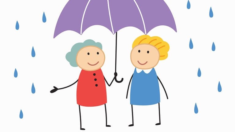 Lächelnde Frauen teilen sich einen Schirm (Grafik): Stehauf-Menschen trotzen schweren Umständen und lassen sich von Schicksalsschlägen nicht unterkriegen. Woher kommt diese Resilienz?