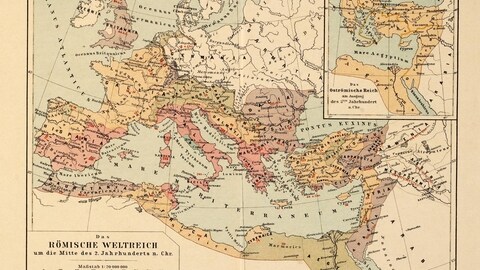 Das Römische Imperium etwa zur Zeit seiner größten Ausdehnung unter Trajan im 2. Jahrhundert n. Chr.