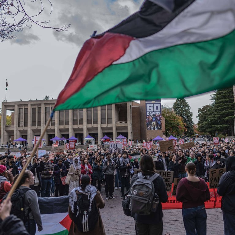 Eine Demonstration mit palästinensischer Flagge auf dem Roten Platz der University of Washington.  (Foto: IMAGO, IMAGO / ZUMA Wire)