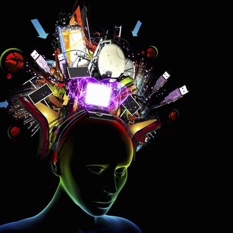 Frau mit verschiedenen technischen Geräten auf dem Kopf (Symbolbild) (Foto: IMAGO, IMAGO / Ikon Images)