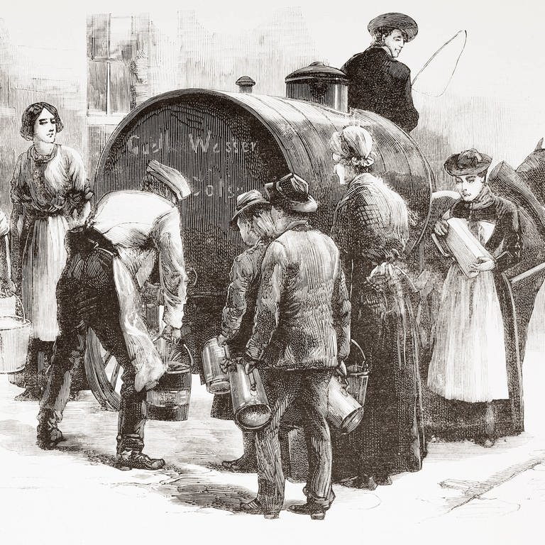 Verteilung von freiem reinem Wasser an die Bevölkerung während des Cholera-Ausbruchs 1892 in Hamburg.