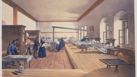 Florence Nightingale (1820-1910) inspiziert während des Krimkrieges Stationen des Militärkrankenhauses in Scutari. Nach einer Lithographie von "Simpson Illustrations of the War in the East", London 1856 