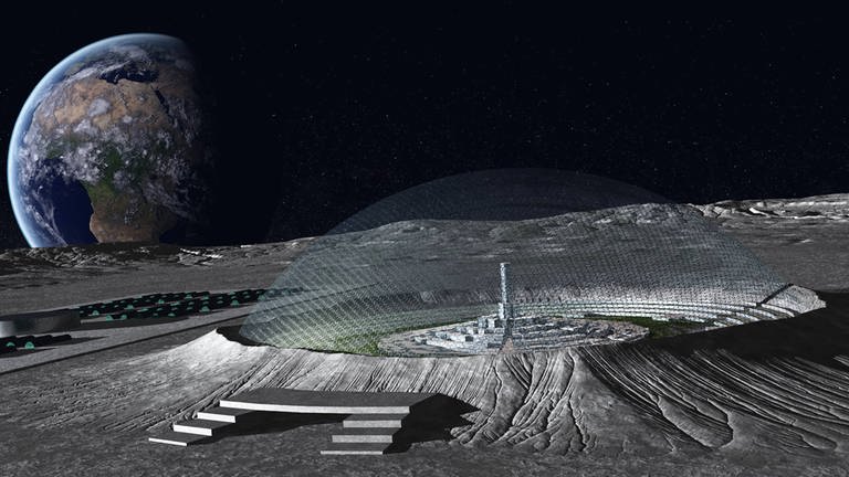 In einem Kuppelkrater befindet sich eine Mondstadt. Die Erde erhebt sich im Hintergrund. (Foto: IMAGO, imago images / StockTrek Images)