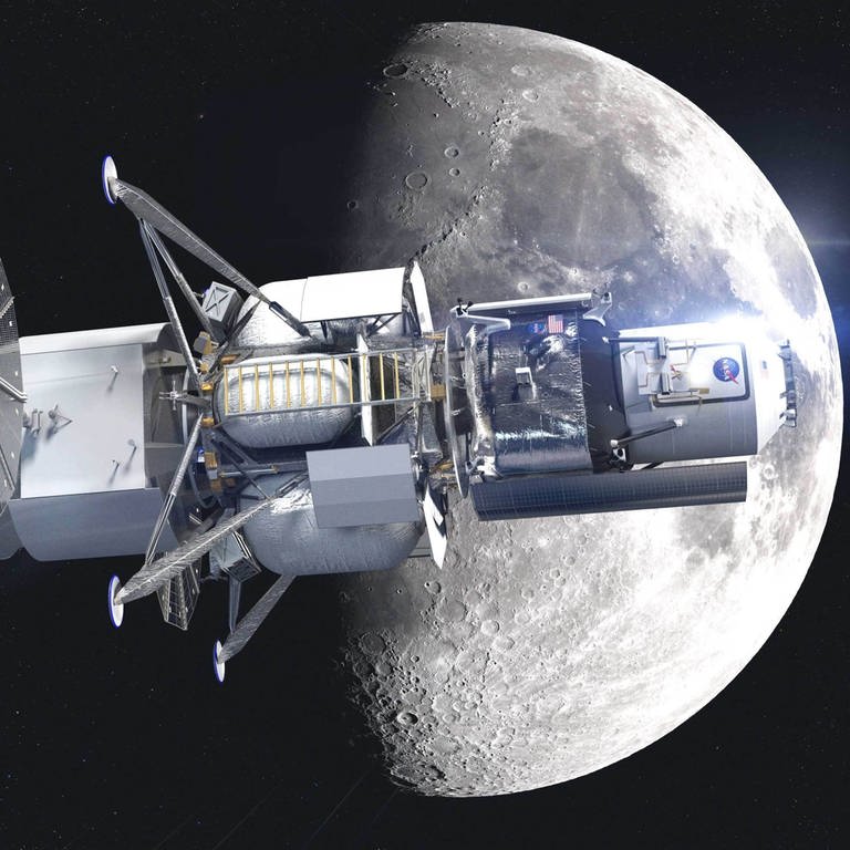 Modell eines Mond-Lander-Fahrzeugs vom Blue-Origin-Team. Blue Origin ist ein privates US-amerikanisches Raumfahrtunternehmen und wurde 2000 von Jeff Bezos gegründet, dem Gründer von Amazon (Foto: IMAGO, IMAGO / Cover-Images)