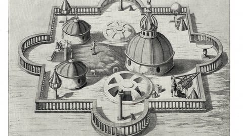 Tycho Brahes Observatorium Stjerneborg auf der dänischen (heute schwedischen) Insel Ven. 1584, nach einem zeitgenössischen Kupferstich