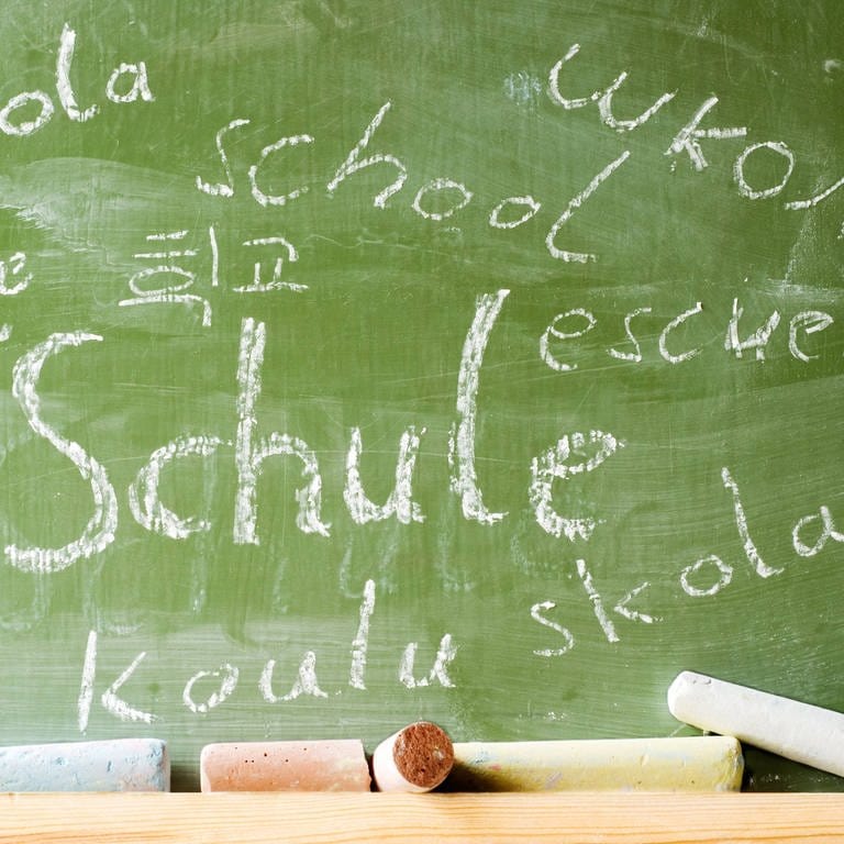 Schule - in mehreren Sprachen an einer Kreidetafel geschrieben. Einige Schulen setzen darauf, die Mehrsprachigkeit der Schüler gezielt für den Deutschunterricht zu nutzen. (Foto: IMAGO, imago stock&people)