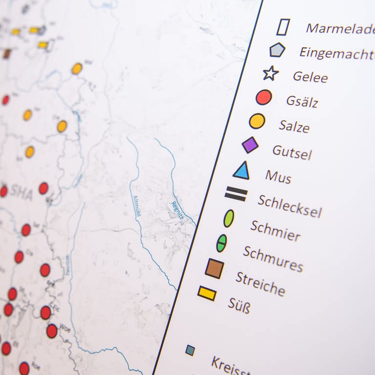 Karte aus dem "Sprachatlas Nord Baden-Württemberg" zeigt die Verbreitung verschiedener Begriffe für Marmelade bzw. Eingemachtes. Der Atlas entstand in zwei Forschungsprojekten der Universität Tübingen.