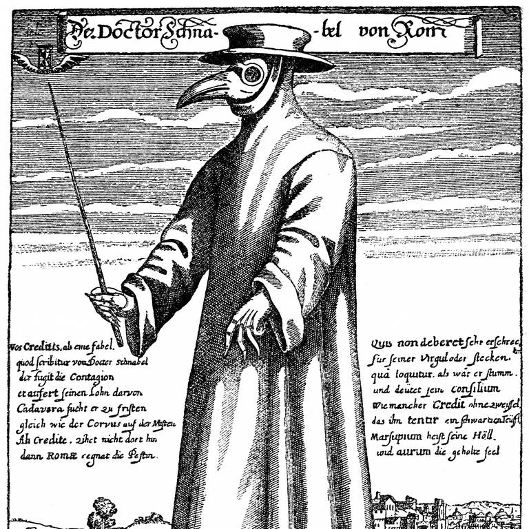 Pestarzt Doktor Schnabel von Rom, 1656: Arzt mit Schnabelmaske, Kräutern und Stock zum Fernhalten von Erkrankten (historische Zeichnung aus dem 19. Jahrhundert)