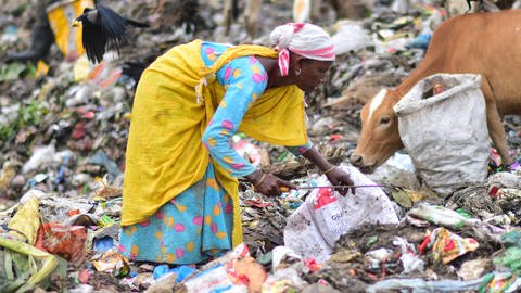 Eine Frau sucht auf der Mülldeponie Boragaon in Guwahati  Indien nach recycelbarem Material. Die UNEP hat ein globales Plastikprogramm auf den Weg gebracht, um die Plastikverschmutzung weltweit zu verringern. (Foto: IMAGO, IMAGO / NurPhoto)