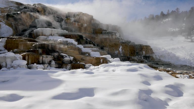 Heiße Quellen in Schneelandschaft: Das Besondere an der Landschaft des Yellowstone Park sind seine heißen Quellen, wie die „Mammoth Hot Springs“ im Winter (Foto: SWR, Torsten Teichmann, ARD-Studio Washington)