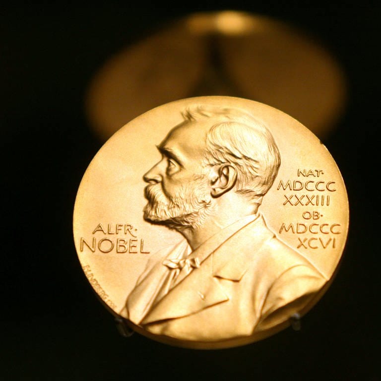 Medaille mit dem Konterfei von Alfred Nobel (1833 - 1896) im Nobel-Museum. Geburtsjahr und Todesjahr sind in römischen Zahlen auf der Medaille zu sehen