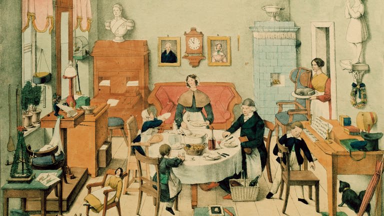 Die Lithografie zeigt das Familienleben in einer bürgerlichen Wohnstube, um 1840 (Foto: picture-alliance / Reportdienste, picture-alliance / akg-images | akg-images)