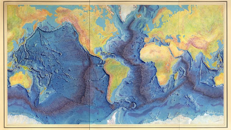 Manuscript painting of Heezen-Tharp "World ocean floor" map by Berann (um 1977): Das Relief wird durch Landformzeichnungen, Schattierungen und Farbverläufe dargestellt. Tiefen werden durch Landformzeichnungen, Schattierungen, Farbverläufe und Sondierungen angezeigt (Foto: Library of Congress, Geography and Map Division)