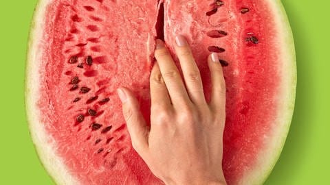 Weibliche Finger berühren sich in einer frischen reifen Wassermelonenfrucht auf einem rasengrünen Hintergrund