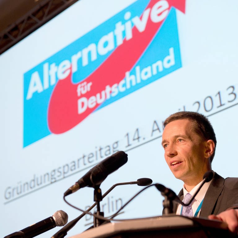 Bernd Lucke, damals Sprecher der Partei Alternative für Deutschland (AfD), spricht während des Gründungsparteitages der Partei am 14. April 2013 in Berlin zu den Mitgliedern (Foto: dpa Bildfunk, picture alliance/dpa | Marc Tirl)